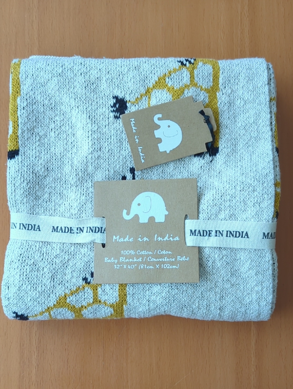 NEW Cotton Baby Blanket - Cream , Yellow & Black with Giraffe Design